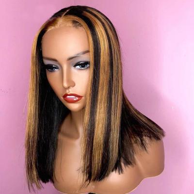 China Baby Hair Around And Pre-Plucked Wholesale Short Bob Brown Highlight 13*4 Lace Front Wig With Preplucked Virgin Hair For Black Women for sale