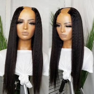 China Baby Hair Around and Middle Part 2x4 Middle Part Yaki U Part Wig Glueless Brazilian Remy Human Hair Italian Curly Straight U Part Wig 2x4 for sale