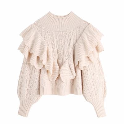 China Anti-wrinkle Half-collar ball falbala embellish cable puff sleeve ladies knitted sweater for sale