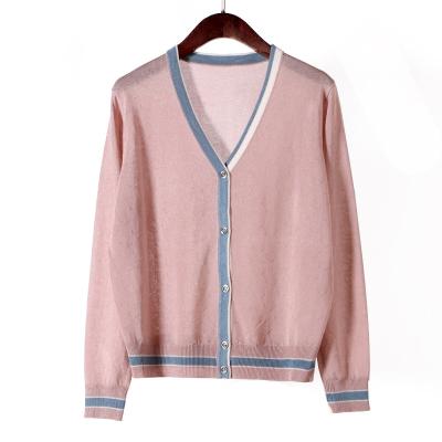 China Anti-wrinkle Autumn Spring Ice 2020 button silk pierced cardigans contrast color v-neck knitted sweaters for sale