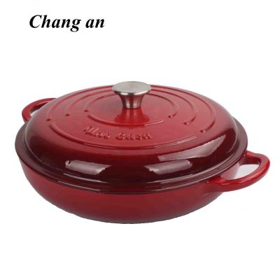 China Durable Coating Cast Iron Color Enamel Pot Paella Pan Shallow Pot With Iron Lid Double Handle for sale