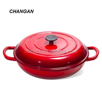 China Sustainable Color Enamel Coating Cast Iron Seafood Paella Pan Shallow Pot With Lid for sale