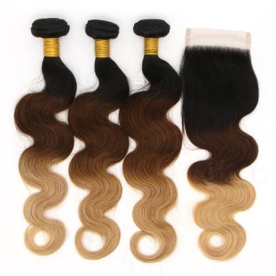 China Can be changed the design to any texture as you like 3 Tone Color 1B 4 27 Ombre Blonde Straight Brazilian Hair 3 Bundles With Free Middle Lace Closure Blonde Hair Gold Color for sale