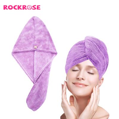 China Rockrose QUICK-DRY Girl's Super Absorbent Coral Velvet Bath Quick-Dry Hair Cap Hair Drying Towel With Button for sale