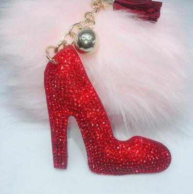 China Rhinestone High Heel Crystal Shoes Bag Leather Bling Key Chain Pendant Accessories, Red Silver Glitter High Heel Shoes Charm Keychain for sale