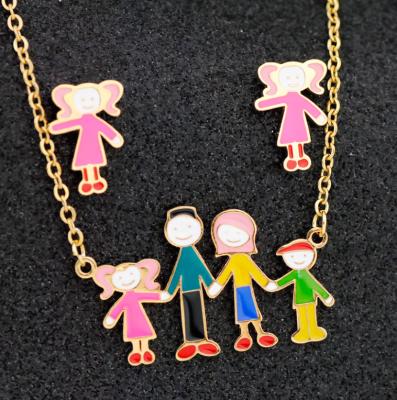 China Romantic Family Member Gift Gold Soft Enamel Necklace Earrings Jewelry Set Clavicle Pendant Chain, Stainless Steel Hard Enamel Love Family for sale