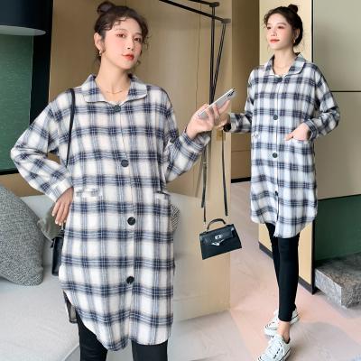 China OEM Fashion Loose Maternity Sleeve Comfortable Long Lattice Maternity Tops Shirt Dress Long Shirts Plaid Pregnancy Blouse for sale