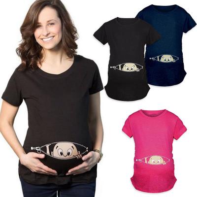 China Seefoun OEM Mom Fashion Comfy Pregnancy Clothes Maternity Top Women Maternity Baby Peeking Funny Maternity T-shirt for sale