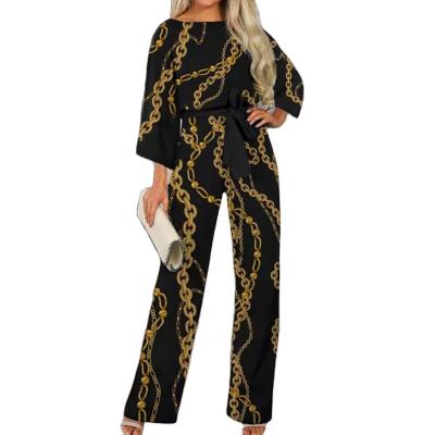 China Seefoun Casual OEM Chain Two Piece Set Women Clothing 2022 Printed O Neck Short Sleeve Sweater Shirt And Wide Leg Pants Trousers for sale