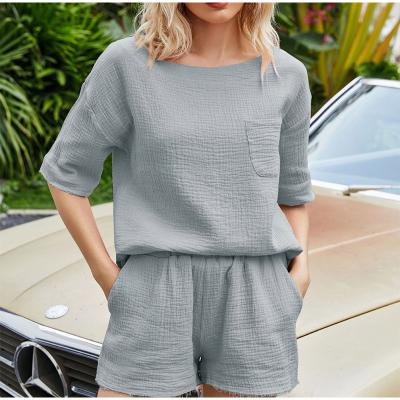 China Seefoun OEM Breathable Summer Women Sets Casual Cotton Pocket T-Shirt Elastic Shorts Beach Short Women Two Piece Set Dress for sale