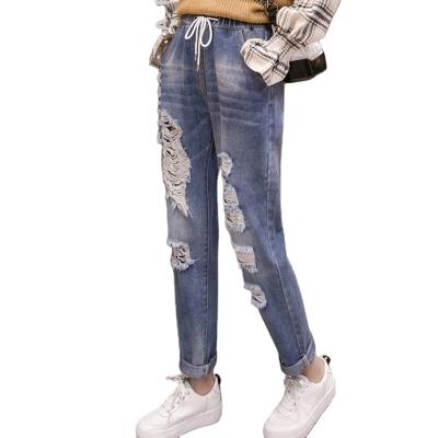 China Streetwear Spring Fashion Anti-wrinkle Seefoun Hole Women's High Waist Casual Women's Jeans Ripped Pants Blue Denim Pants for sale