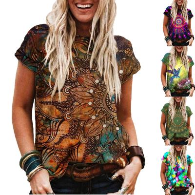 China Fashion Bohemian Style Women's Regular Retro T-shirt Casual O-Neck Short Sleeve Summer T-shirt Printing Loose Short-sleeved Top for sale