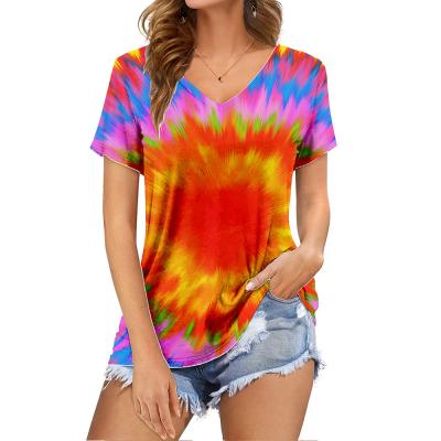 China Women's Regular Bohemian T-shirt Style Fashion V-Neck Sleeve Loose Women's Short T-Shirt Tie Dye Sunflower Outerwear for sale