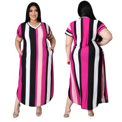 China Plus Size XL-5XL Summer Dress Fashion Bohemia Stripe Printing Short Sleeve Splicing Plus Size Casual Dresses For Women for sale