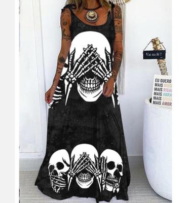 China Elegant Plus Size Vintage Drawstring Spaghetti Tie Lady Maxi Dress Spring Women Plus Size Casual Dress Fashion Skull Print Dress for sale