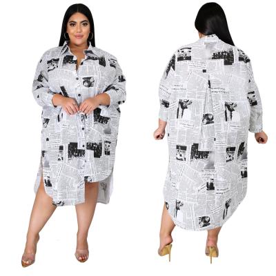 China Plus size XL-5XL plus size dress women clothing 2021 fashion casual newspaper printing long sleeve plus size shirt dress for women for sale