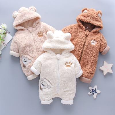 China Baby Clothing Romper Antibacterial Ribbed Baby Clothes Overalls Lambswool Cartoon Bear Embroidery Padded Hooded Romper for sale