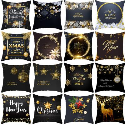 China 2021 PORTABLE Peach Skin Black and Gold Letter Sofa Christmas Cushion Cover Christmas Tile Case Snowflake New for sale