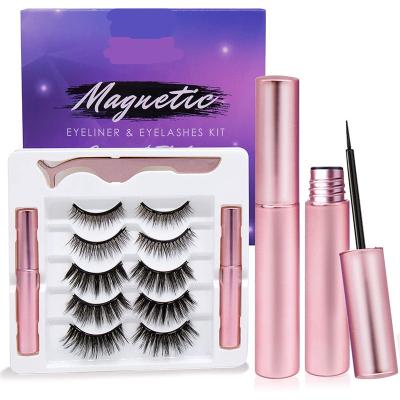 China Waterproof Private Label China Wholesale 5 Pairs Natural Looking Magnetic Eyelashes With Eyeliner for sale