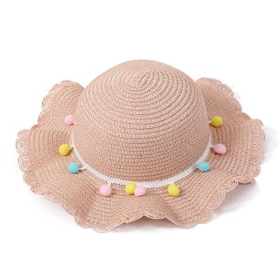 China Picture 2022 summer new fashion little girl wavy colorful ball straw hat for sale