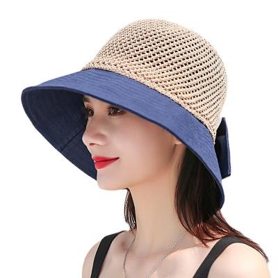 China Summer Striped Bow Shading Big Brim Ladies Outdoor Beach Straw Hat for sale