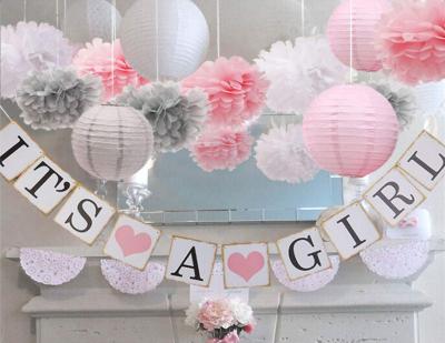 China Baby Shower Decorations Wedding/Party It's Girl Banners Paper Flower and Paper Lantern Pom Poms Pink White Gray for sale