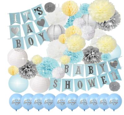 China Party Decorations 42PCS Baby Shower Decorations Party Gender Reveal Set For Boy Balloons Banner Lanterns Honeycomb Balls Tissue Paper Pom Poms for sale