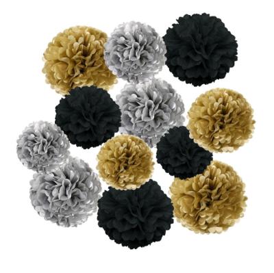 China Wedding/Party Decorations Tissue Paper Pom Poms Flowers for Wedding Birthday Party Baby Shower Decoration, 12 Pieces - Black, Gold & Silver for sale