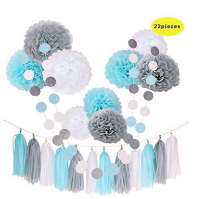 China Tissue Flowers Paper Pom Poms Decorations Baby Blue White Gray Baby Boy Shower /Party Tissue Flowers Wedding Decorations 23pcs/Party Firsts for sale