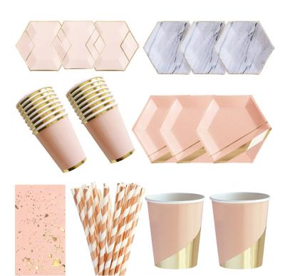 China Party Decorations Lace Rose Gold Party Disposable Tableware Paper Plate Cups Straws Napkins Kids Birthday Baby Shower Party Wedding Decor Supplies for sale