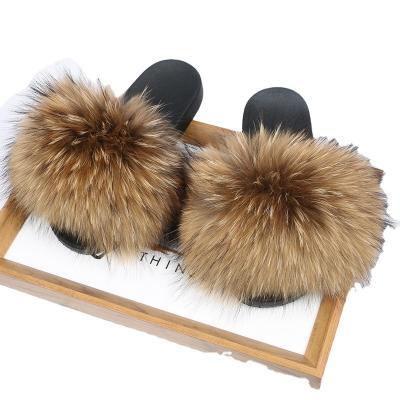 China Wholesale Fashion Trend Trend FUR Slippers Women Fluff Slippers REAL BIG For Ladies Soft Raccoon Fur Slides Open Toe Fox Fur Slides Hairy Sandal for sale