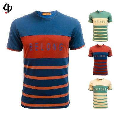 China New Anti-wrinkle men's polyester color blocking stripes around the neck T-shirt OEM color blocking stripes printed casual T-shirt for sale