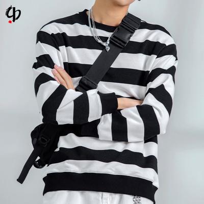 China Anti-wrinkle autumn and winter round neck men's loose striped shirt terry sweater black and white long-sleeved shirt for sale