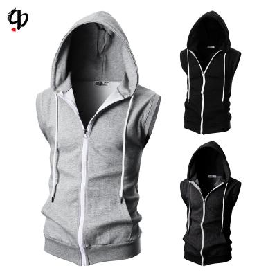 China high quality men's fitness 65% cotton anti-wrinkle hoodie T-shirt logo sleeveless micro-label slim sleeveless zipper hoodie for sale