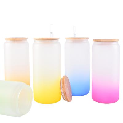 China Stocked Soda Glass Tumbler Colored 16Oz Beer Can Shaped Sublimation Color Changing Frosted Glass Can With Bamboo Lid for sale