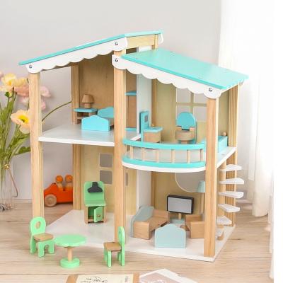 China DIY TOY Wooden Roof Room Children's Simulation Play House Kitchen Mini Bedroom Furniture Blue Villa Doll Small Boys and Girls Toys for sale