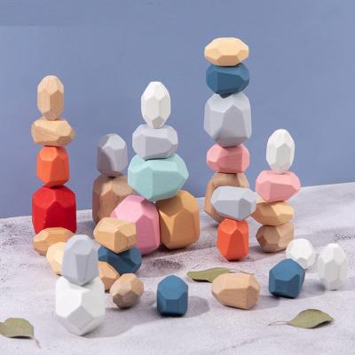 China Wooden 36 Pcs Wooden Sorting Stacking Balancing Stone Rocks Educational Preschool Learning Toys Large Small Building Block Game Stones for sale