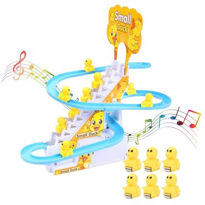 China ABS Funny Electric Duck Climbing Stairs Track Toys Music Slide Stair Climbing Toy With 6pcs Leans Puzzle Assembly Toy For Kids Gift for sale