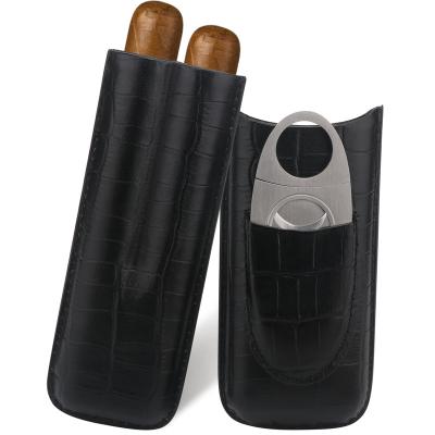 China Wholesale Handmade Luxury Black Xifei 2 Finger Small Leather Case Cigar Humidor for sale