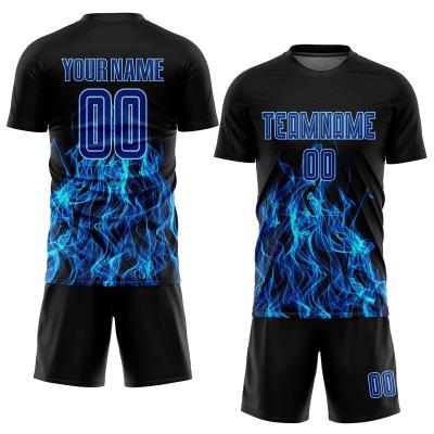 China Custom Royal-Light Blue Flame Black Football Jersey Sets Sets Sublimation Football Wear For Men for sale