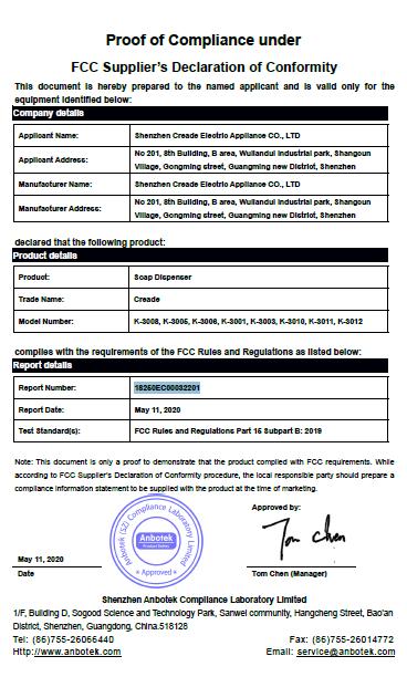 FCC - Shenzhen Creade Electric Appliance Co., Ltd.