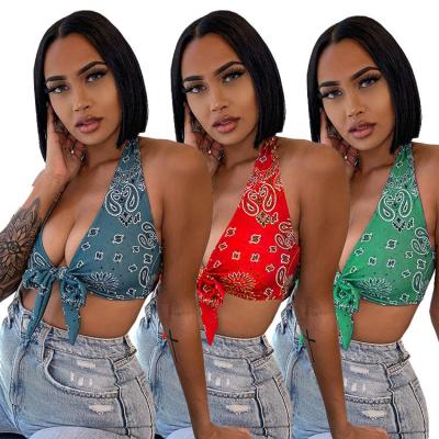 China 2021 New Design Anti-shrink Fashion Apparel Digital Printed Vest Bandage Halter Sexy Halter Short Top Women for sale