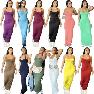 China 2021 Anti-Wrinkle XM Casual Party Dress Long Ribbed Knit Bodycon Maxi Fabric Neck Long Simple Round Sleeveless Dresses Women Casual Party Dress for sale