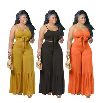 China Waterproof Stylish Loose Pants Fits Women Set Two Piece Crop Top Lace Up Sets Plus Fat Women Streetwear Plus Size Women's Sets for sale