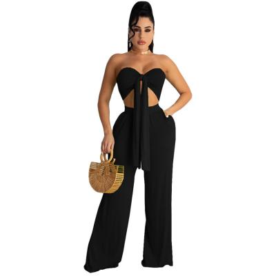 China Breathable XM Wholesale Ladies Halter Solid Color Lace-Up High-waist Flared Pants Suit 2 Pieces For Summer for sale