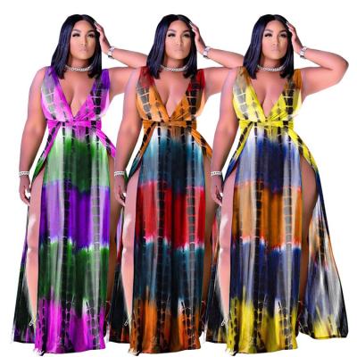 China Plus Size Summer Plus Size Ladies Sexy Deep V-Neck Print Sleeveless Split Casual Dress for sale