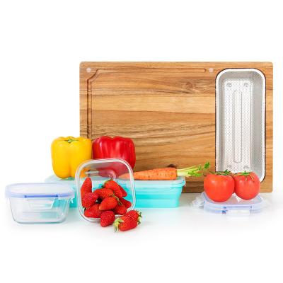 China Stocked Solution - Wooden Acacia Cutting Board Meal Prep Set of 11 with Stainless Steel Storage Container / Wholesale Cutting Boards for sale