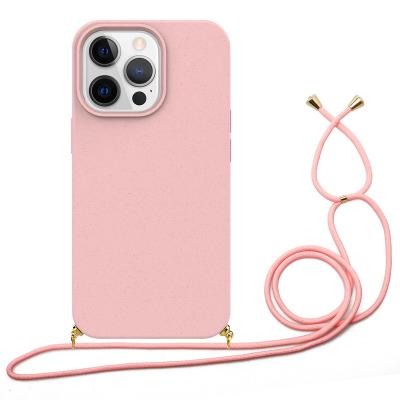 China Biodegradable Compostable Wheat Straw Shockproof Eco-friendly Anti-scratch Mobile Phone Case with Lanyard for iPhone 13 mini 13 pro max for sale