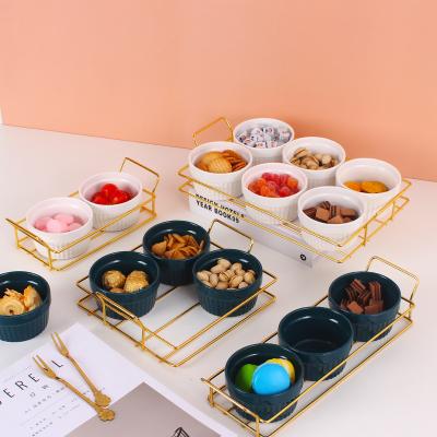 China Viable New Arrival Metal Stand Party Food Serving Snack Bowl Tray Set Display Stand Ceramic Salad Bowl Set For Cafe for sale