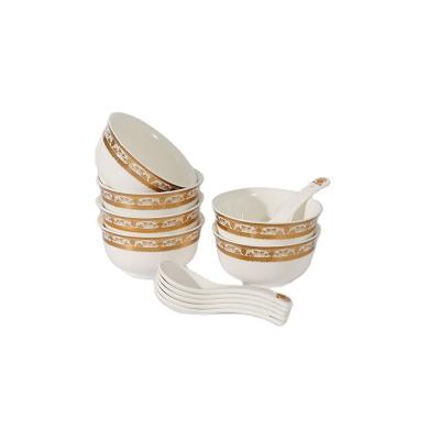 China Stocked Set of 12 PCs Custom Ceramic Soup Salad Rice Bowl and Spoon Set with Gold Embossing Rim Decal Design for sale